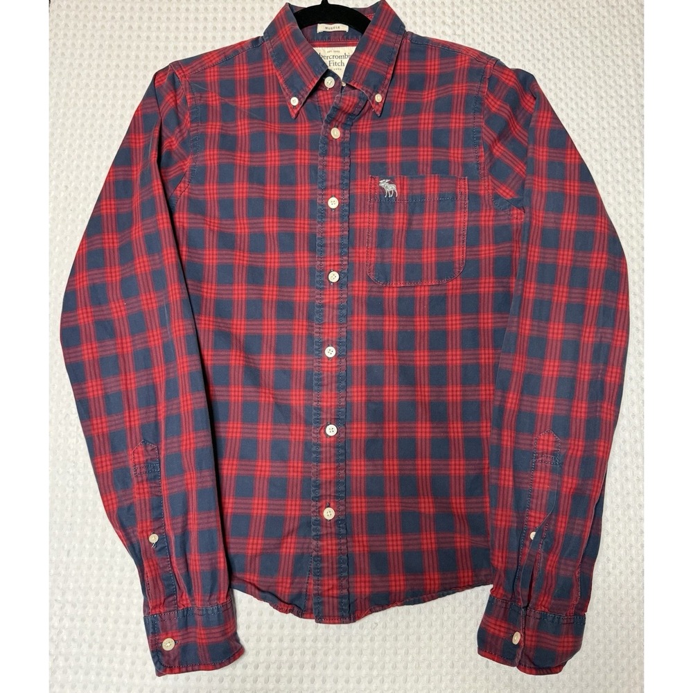 Abercrombie & Fitch Muscle Fit Long Sleeve Shirt Plaid Med Preppy Patriotic USA
